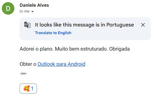 E-mail de aluna elogiando o plano de estudos