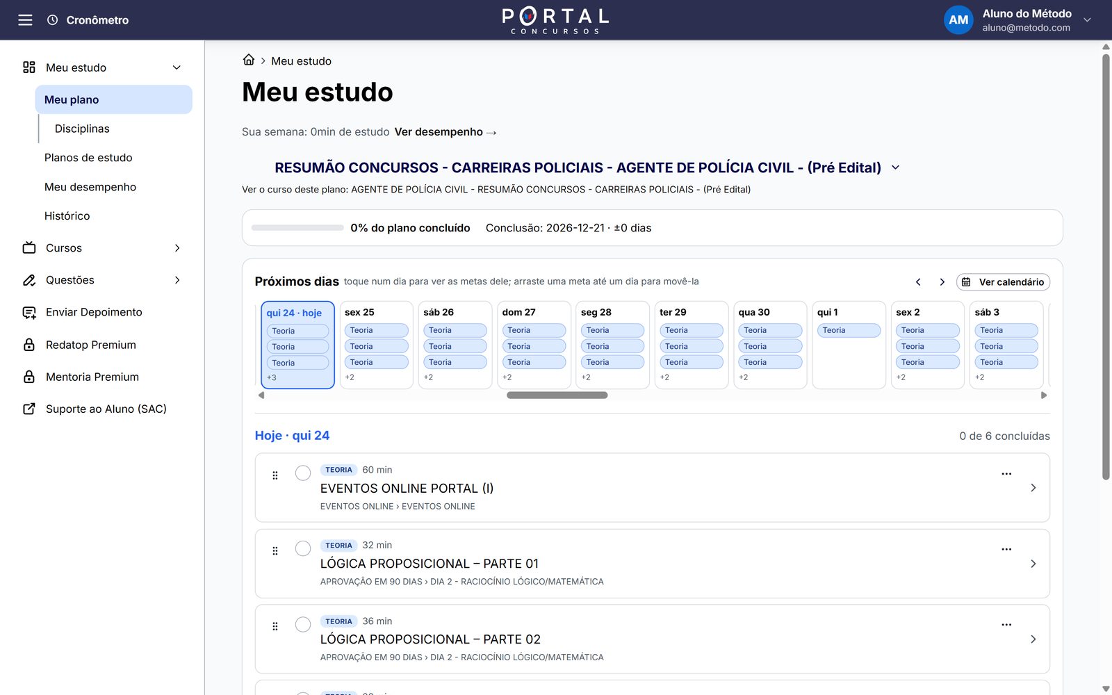 Área do aluno: plano de estudos do curso Agente de Polícia Civil com as metas de cada dia
